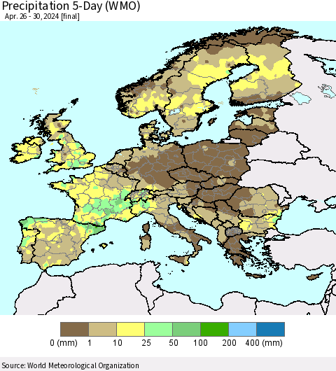 Europe Precipitation 5-Day (WMO) Thematic Map For 4/26/2024 - 4/30/2024