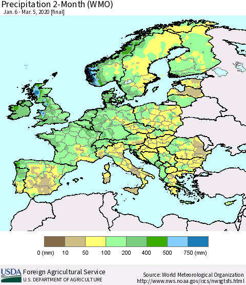 Europe Precipitation 2-Month (WMO) Thematic Map For 1/6/2020 - 3/5/2020