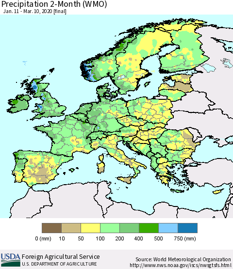 Europe Precipitation 2-Month (WMO) Thematic Map For 1/11/2020 - 3/10/2020