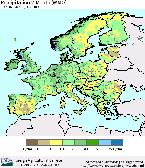 Europe Precipitation 2-Month (WMO) Thematic Map For 1/16/2020 - 3/15/2020