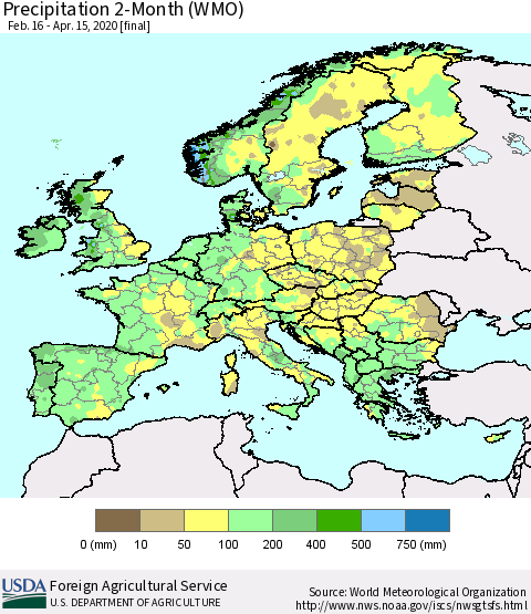 Europe Precipitation 2-Month (WMO) Thematic Map For 2/16/2020 - 4/15/2020