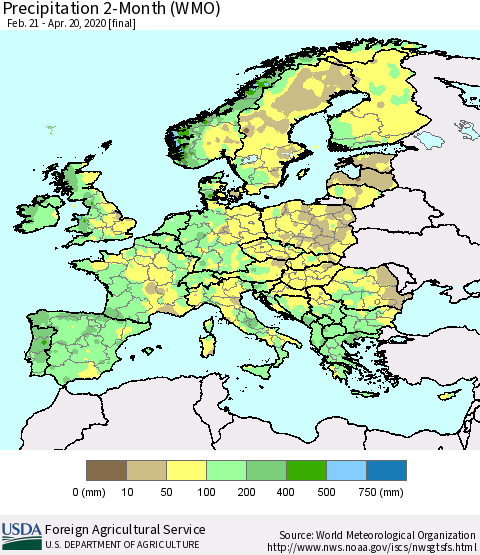 Europe Precipitation 2-Month (WMO) Thematic Map For 2/21/2020 - 4/20/2020
