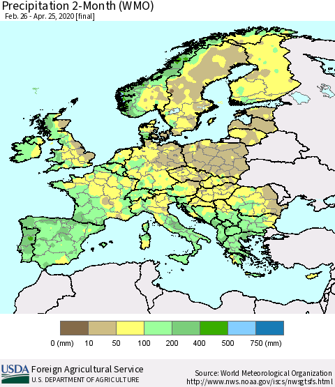 Europe Precipitation 2-Month (WMO) Thematic Map For 2/26/2020 - 4/25/2020
