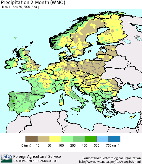 Europe Precipitation 2-Month (WMO) Thematic Map For 3/1/2020 - 4/30/2020