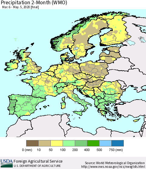 Europe Precipitation 2-Month (WMO) Thematic Map For 3/6/2020 - 5/5/2020