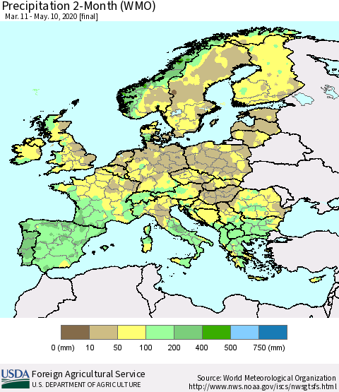 Europe Precipitation 2-Month (WMO) Thematic Map For 3/11/2020 - 5/10/2020
