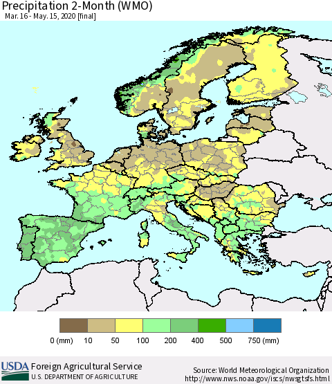 Europe Precipitation 2-Month (WMO) Thematic Map For 3/16/2020 - 5/15/2020