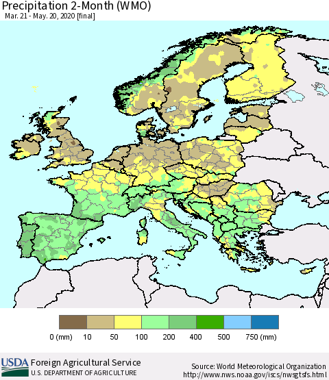 Europe Precipitation 2-Month (WMO) Thematic Map For 3/21/2020 - 5/20/2020