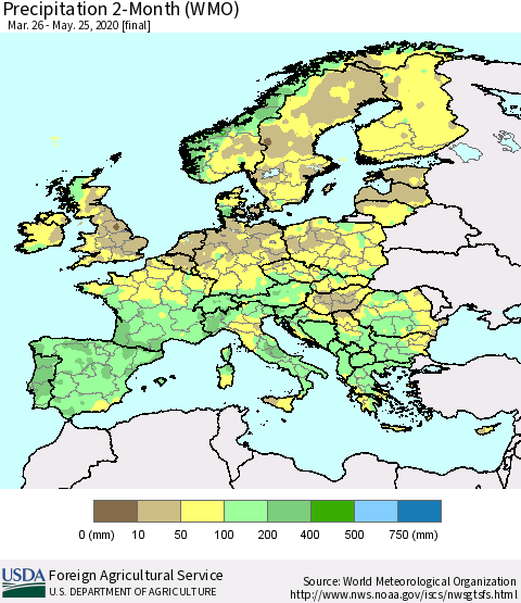 Europe Precipitation 2-Month (WMO) Thematic Map For 3/26/2020 - 5/25/2020