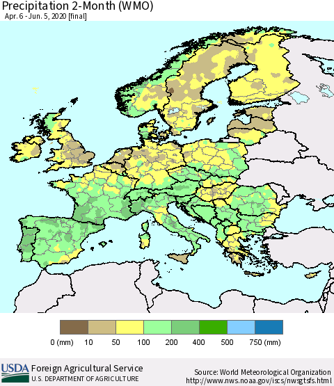 Europe Precipitation 2-Month (WMO) Thematic Map For 4/6/2020 - 6/5/2020