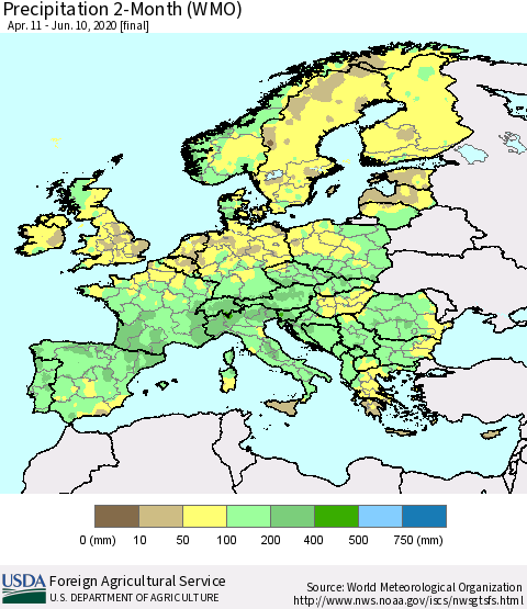 Europe Precipitation 2-Month (WMO) Thematic Map For 4/11/2020 - 6/10/2020