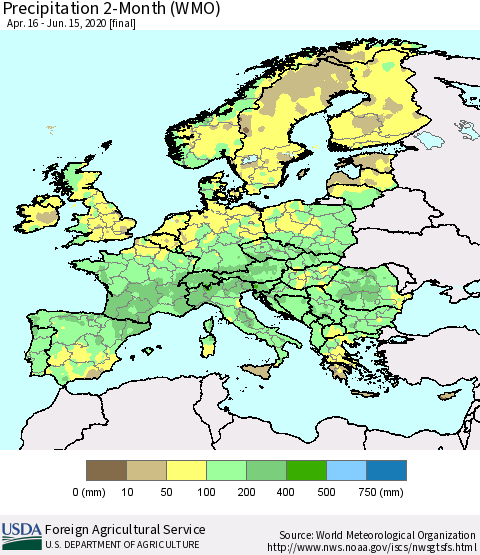 Europe Precipitation 2-Month (WMO) Thematic Map For 4/16/2020 - 6/15/2020