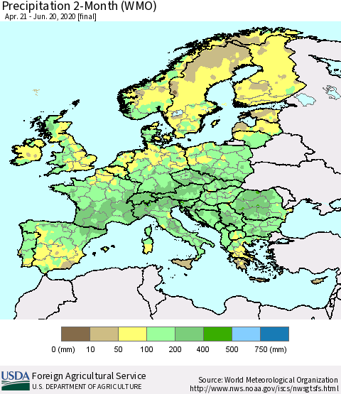 Europe Precipitation 2-Month (WMO) Thematic Map For 4/21/2020 - 6/20/2020