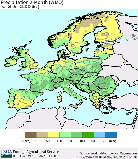 Europe Precipitation 2-Month (WMO) Thematic Map For 4/26/2020 - 6/25/2020