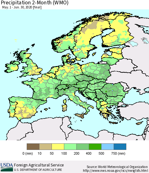 Europe Precipitation 2-Month (WMO) Thematic Map For 5/1/2020 - 6/30/2020