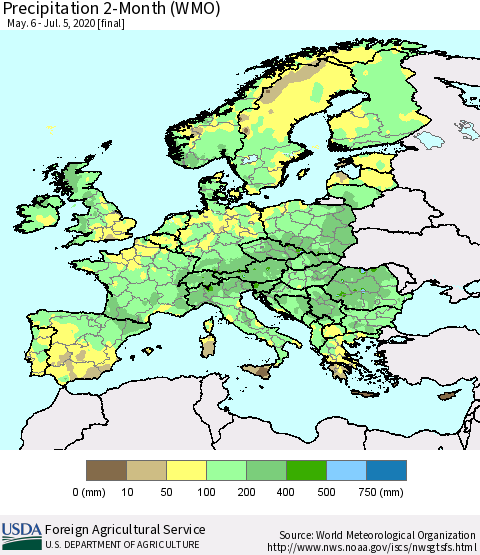 Europe Precipitation 2-Month (WMO) Thematic Map For 5/6/2020 - 7/5/2020