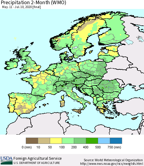 Europe Precipitation 2-Month (WMO) Thematic Map For 5/11/2020 - 7/10/2020