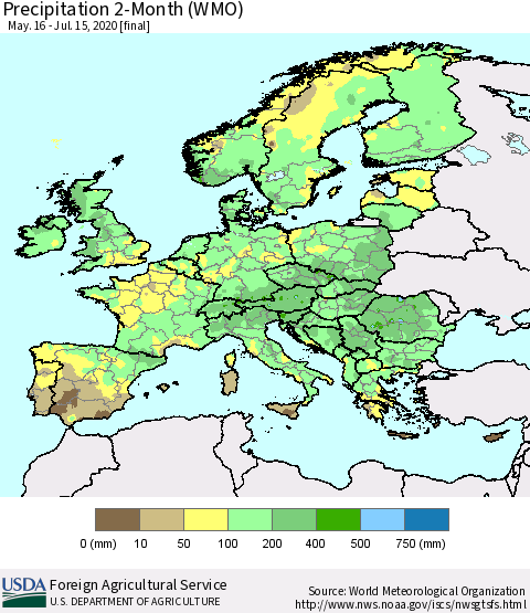 Europe Precipitation 2-Month (WMO) Thematic Map For 5/16/2020 - 7/15/2020
