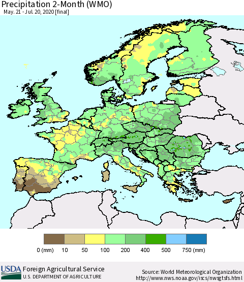 Europe Precipitation 2-Month (WMO) Thematic Map For 5/21/2020 - 7/20/2020