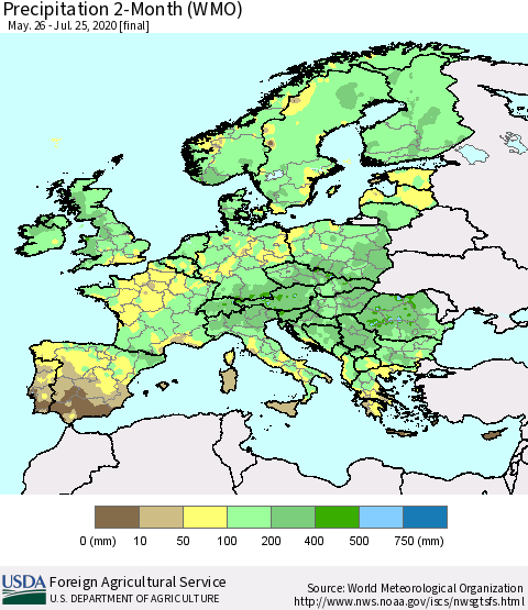 Europe Precipitation 2-Month (WMO) Thematic Map For 5/26/2020 - 7/25/2020