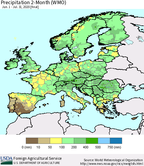Europe Precipitation 2-Month (WMO) Thematic Map For 6/1/2020 - 7/31/2020