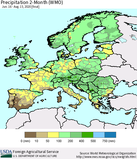 Europe Precipitation 2-Month (WMO) Thematic Map For 6/16/2020 - 8/15/2020