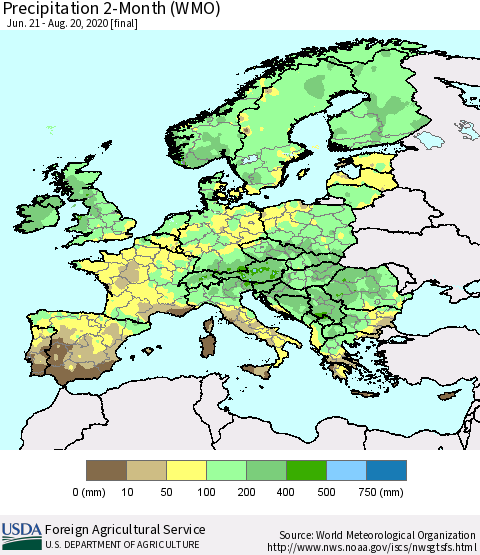 Europe Precipitation 2-Month (WMO) Thematic Map For 6/21/2020 - 8/20/2020