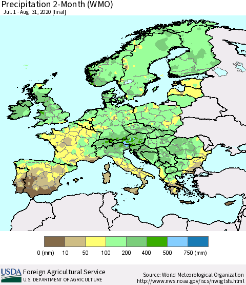 Europe Precipitation 2-Month (WMO) Thematic Map For 7/1/2020 - 8/31/2020