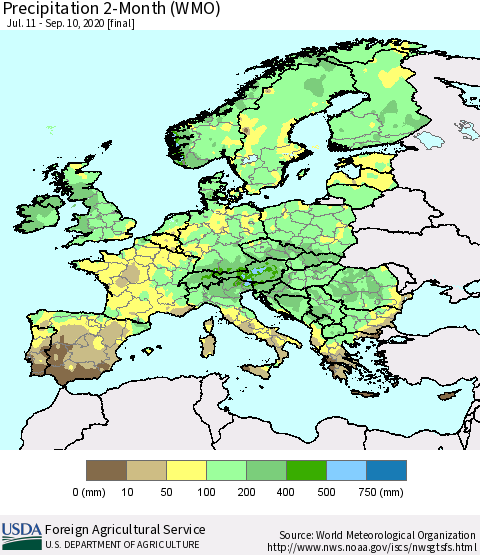 Europe Precipitation 2-Month (WMO) Thematic Map For 7/11/2020 - 9/10/2020