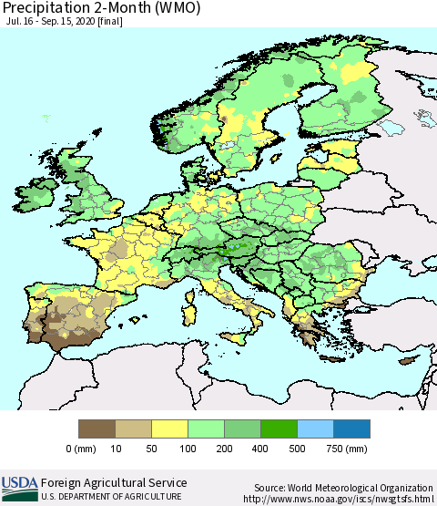 Europe Precipitation 2-Month (WMO) Thematic Map For 7/16/2020 - 9/15/2020