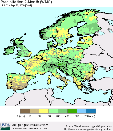 Europe Precipitation 2-Month (WMO) Thematic Map For 7/21/2020 - 9/20/2020