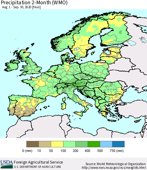 Europe Precipitation 2-Month (WMO) Thematic Map For 8/1/2020 - 9/30/2020