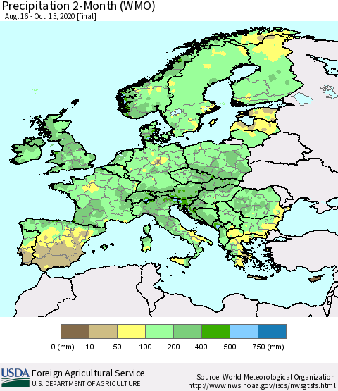 Europe Precipitation 2-Month (WMO) Thematic Map For 8/16/2020 - 10/15/2020