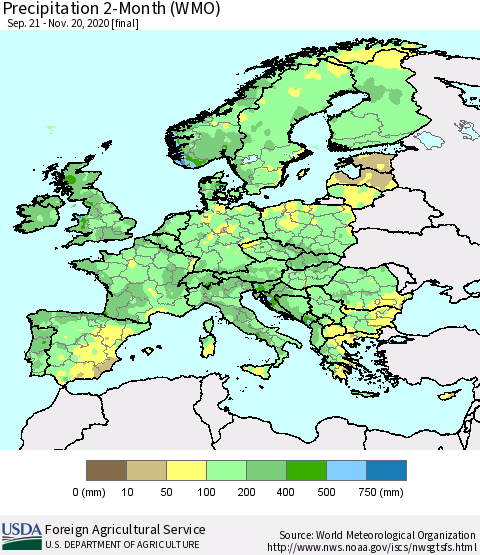 Europe Precipitation 2-Month (WMO) Thematic Map For 9/21/2020 - 11/20/2020