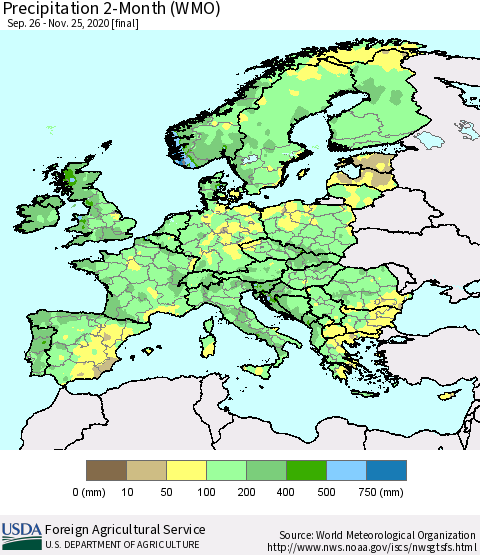 Europe Precipitation 2-Month (WMO) Thematic Map For 9/26/2020 - 11/25/2020