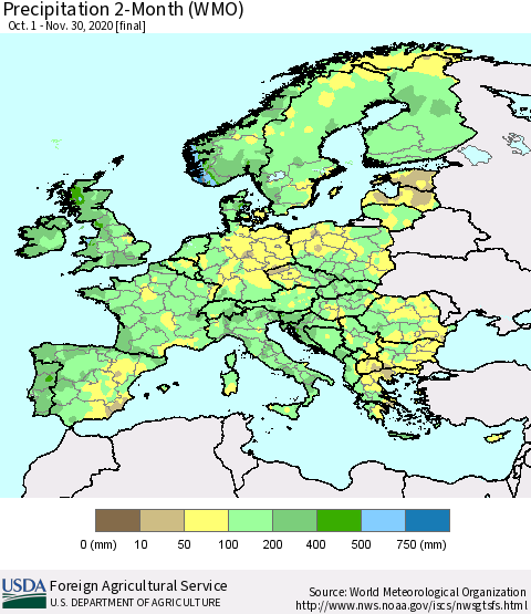 Europe Precipitation 2-Month (WMO) Thematic Map For 10/1/2020 - 11/30/2020