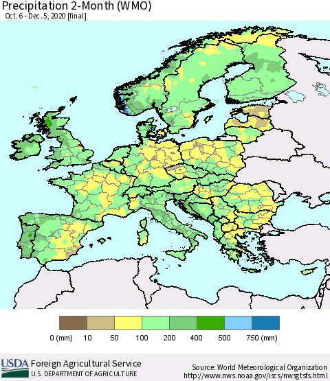 Europe Precipitation 2-Month (WMO) Thematic Map For 10/6/2020 - 12/5/2020