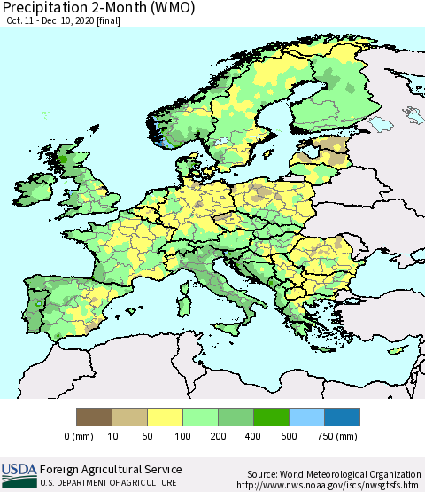 Europe Precipitation 2-Month (WMO) Thematic Map For 10/11/2020 - 12/10/2020