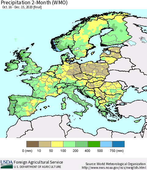 Europe Precipitation 2-Month (WMO) Thematic Map For 10/16/2020 - 12/15/2020