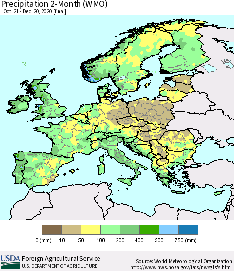 Europe Precipitation 2-Month (WMO) Thematic Map For 10/21/2020 - 12/20/2020