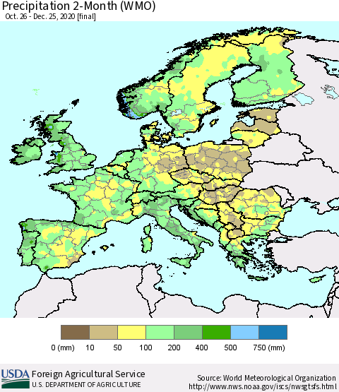Europe Precipitation 2-Month (WMO) Thematic Map For 10/26/2020 - 12/25/2020