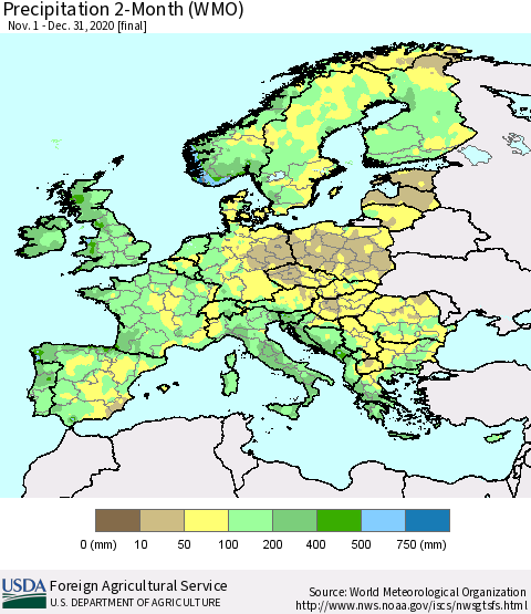 Europe Precipitation 2-Month (WMO) Thematic Map For 11/1/2020 - 12/31/2020