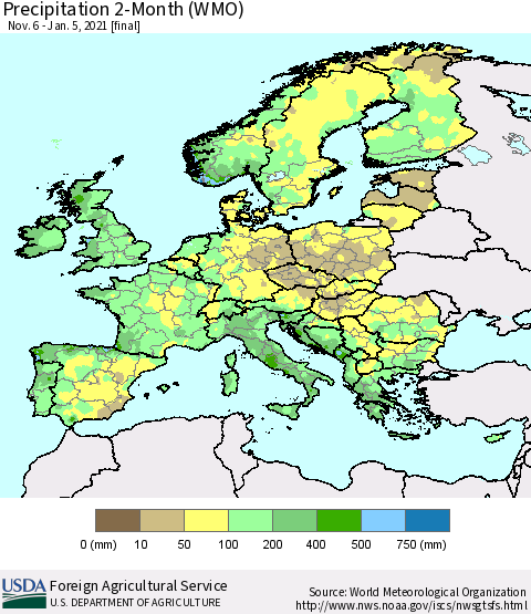 Europe Precipitation 2-Month (WMO) Thematic Map For 11/6/2020 - 1/5/2021