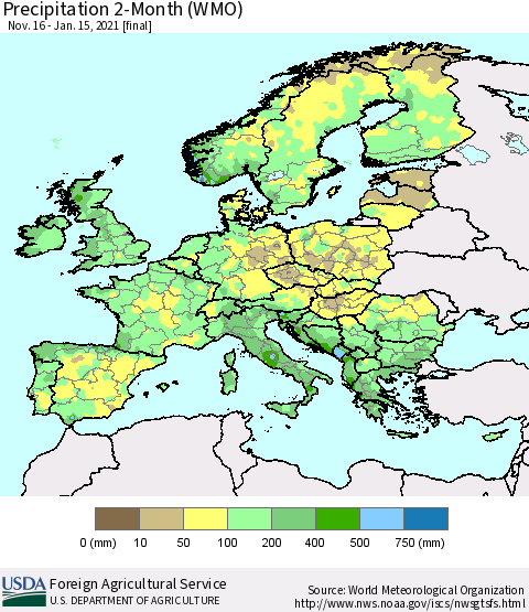 Europe Precipitation 2-Month (WMO) Thematic Map For 11/16/2020 - 1/15/2021