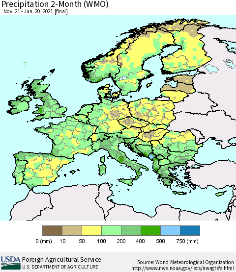 Europe Precipitation 2-Month (WMO) Thematic Map For 11/21/2020 - 1/20/2021