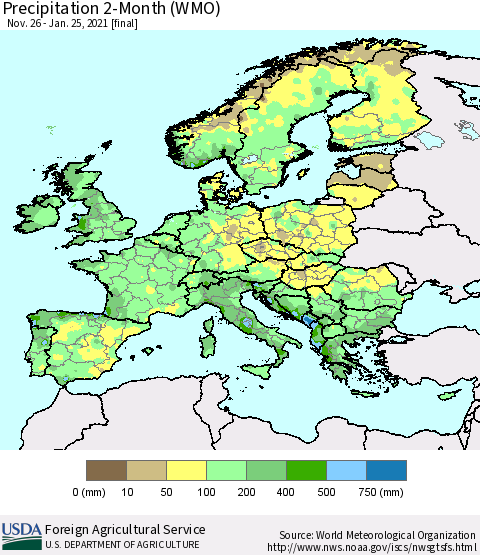 Europe Precipitation 2-Month (WMO) Thematic Map For 11/26/2020 - 1/25/2021