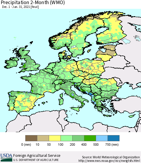 Europe Precipitation 2-Month (WMO) Thematic Map For 12/1/2020 - 1/31/2021