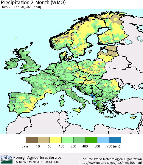 Europe Precipitation 2-Month (WMO) Thematic Map For 12/21/2020 - 2/20/2021