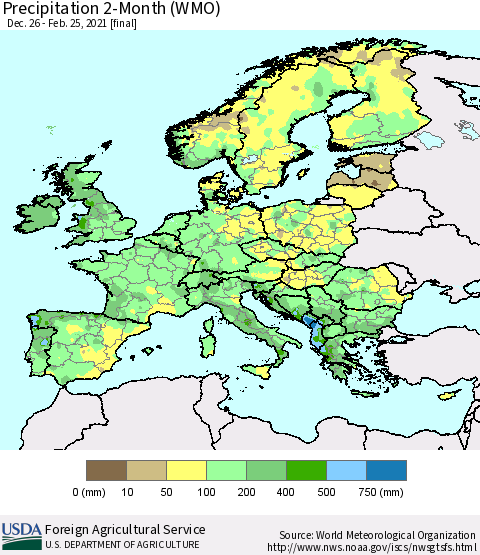 Europe Precipitation 2-Month (WMO) Thematic Map For 12/26/2020 - 2/25/2021