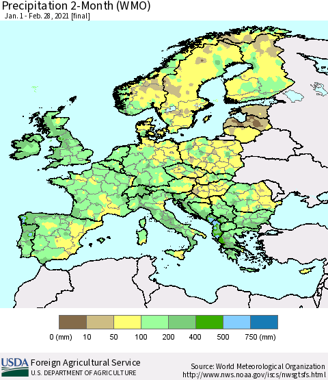 Europe Precipitation 2-Month (WMO) Thematic Map For 1/1/2021 - 2/28/2021